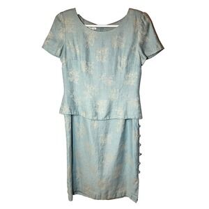 Maggy London Light Blue Linen Damask Dress Layered Top Side Buttons/Slits 14 MOB